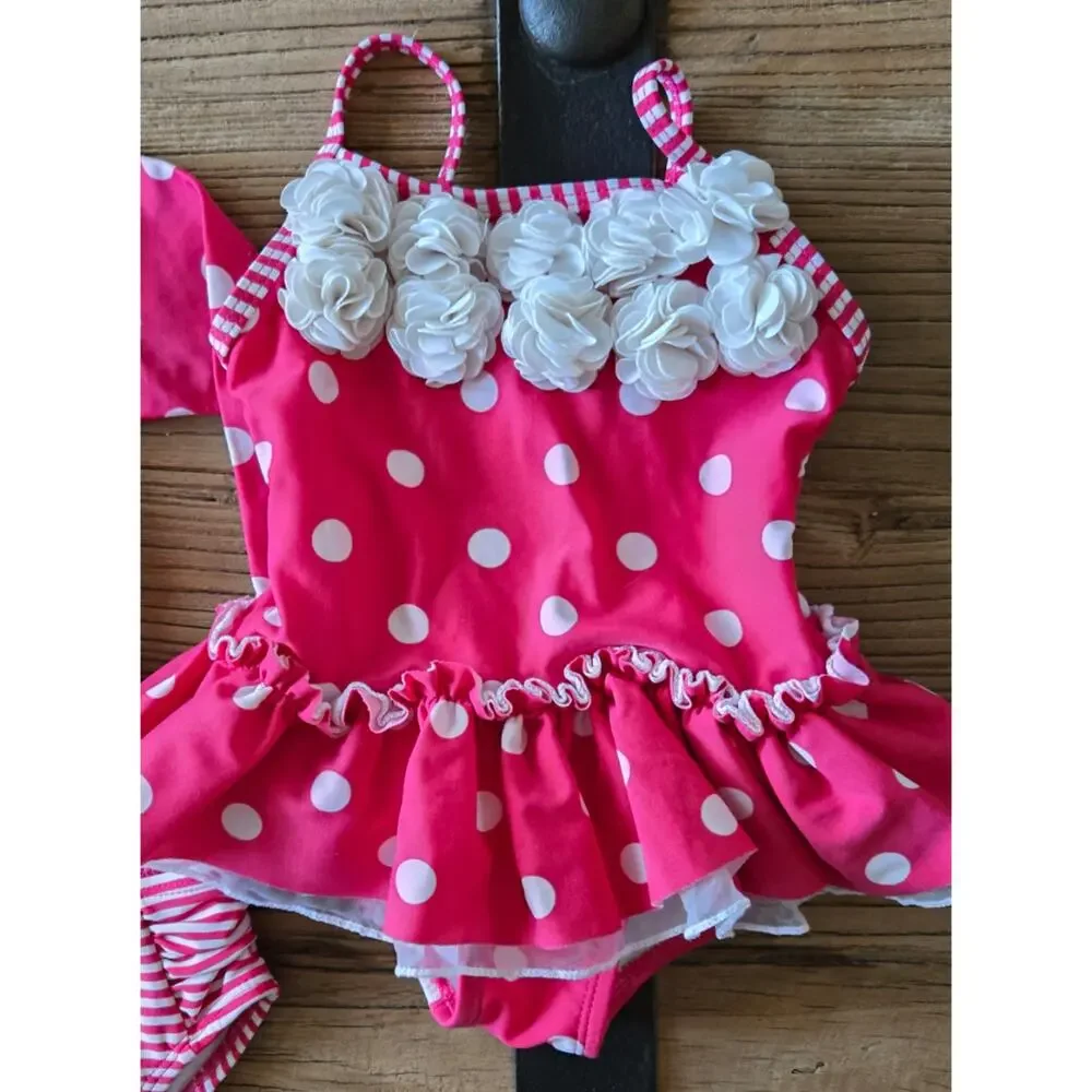 Little Me Pink Polkadot and Stripe Rashguard Bikini sz 6-9.